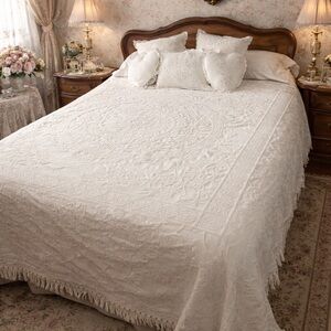 Vintage fringed Sun Medallion Starburst Matelasse cotton bedspread